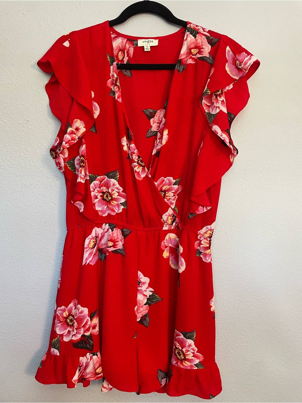Umgee Red Floral Ruffle Romper Flutter Sleeve Boho Women’s Medium